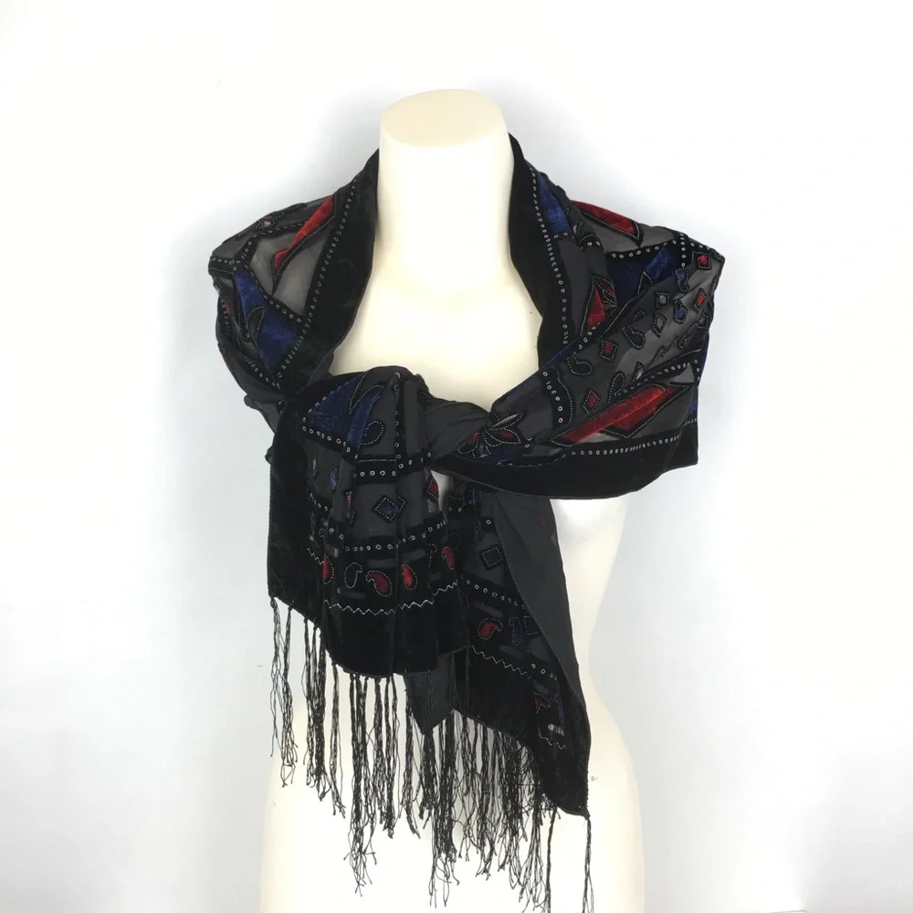 Black Velvet Burnout Paisley Silk-Blend Shawl Scarf Wrap Red & Blue Diamonds
